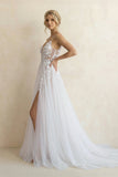 Spaghetti Straps V-Neck Lace Appliques A-line Tulle Rustic Wedding Dress