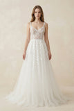 Spaghetti-Straps A-Line Tulle Wedding Dress With Lace Appliques in White
