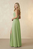Spaghetti Straps Chiffon A-Line Bridesmaid Dress in Matcha