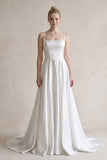 Spaghetti Straps Satin A-Line Ruched Wedding Dress in White