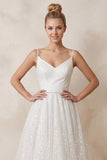 Shiny A-Line V-Neck Sleeveless Little White Sequined Wedding Dresses