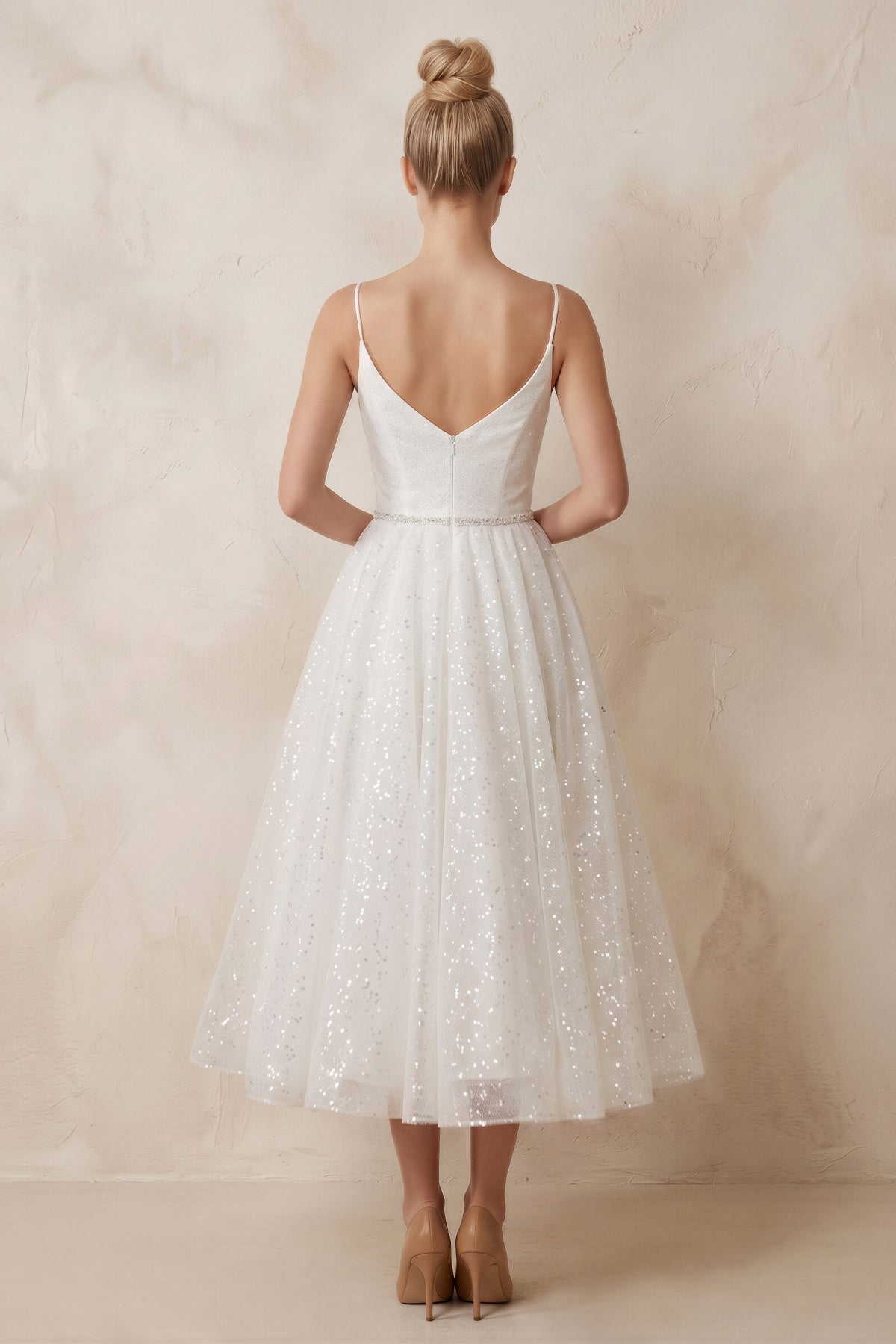 Shiny A-Line V-Neck Sleeveless Little White Sequined Wedding Dresses