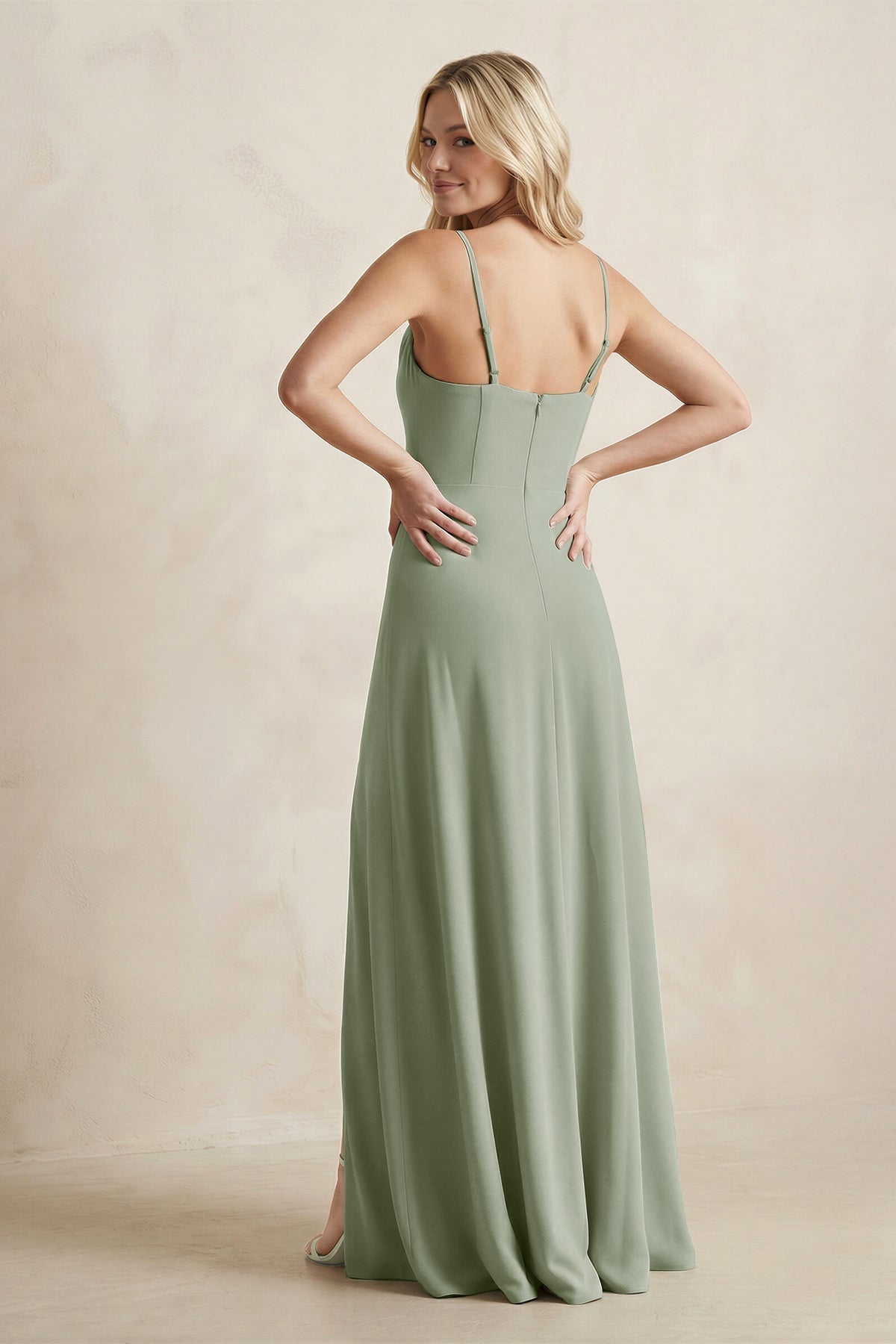 Spaghetti Straps Sheath Satin Bridesmaid Dress With Slit in Dove Gray
