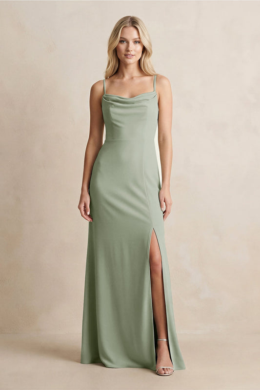 Spaghetti Straps Sheath Satin Bridesmaid Dress With Slit in Dove Gray