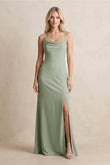 Spaghetti Straps Sheath Satin Bridesmaid Dress With Slit in Dove Gray