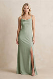 Spaghetti Straps Sheath Satin Bridesmaid Dress With Slit in Dove Gray