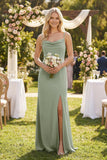 Spaghetti Straps Sheath Satin Bridesmaid Dress With Slit in Dove Gray