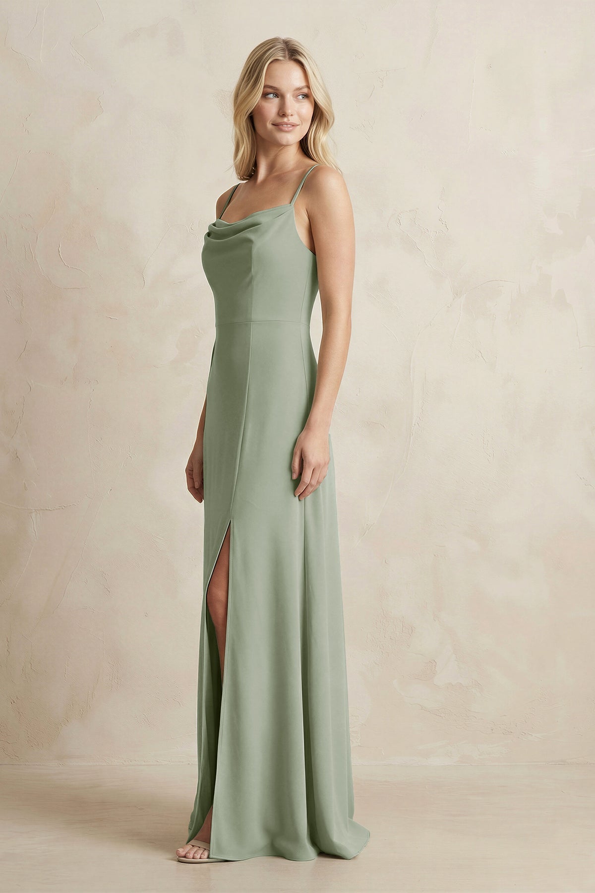 Spaghetti Straps Sheath Satin Bridesmaid Dress With Slit in Dove Gray