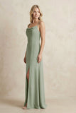 Spaghetti Straps Sheath Satin Bridesmaid Dress With Slit in Dove Gray