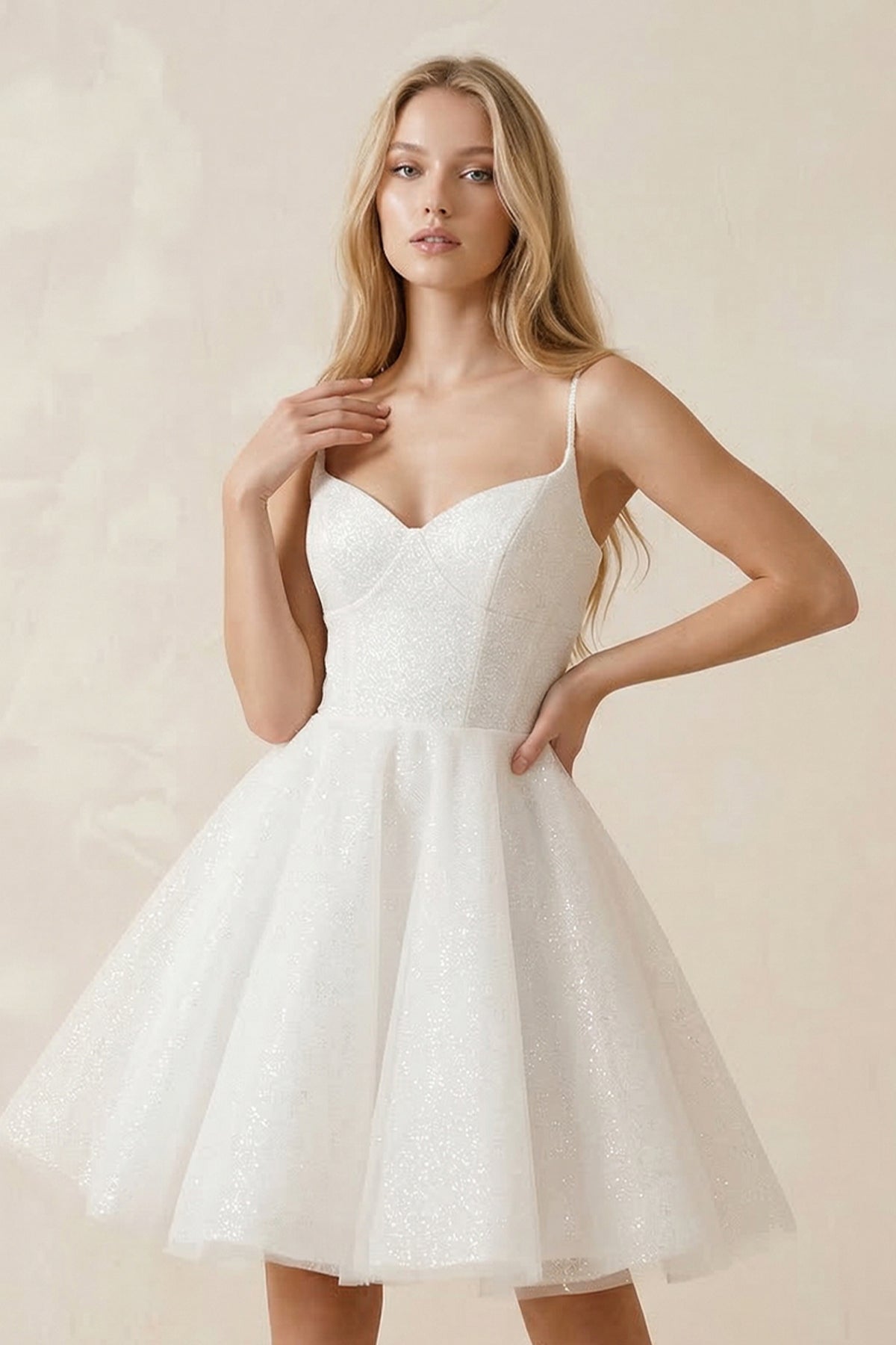Spaghetti Straps Tulle A-Line Mini Wedding Dress in White
