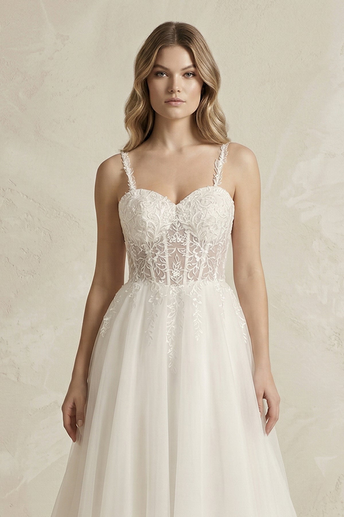 Spaghetti Straps Tulle A-Line Wedding Dress in Ivory