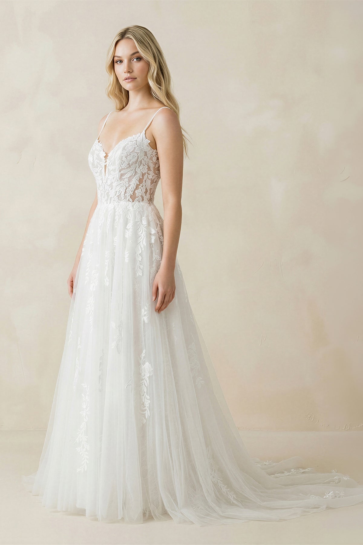 Spaghetti Straps Tulle Appliqued Corset Wedding Dress in White