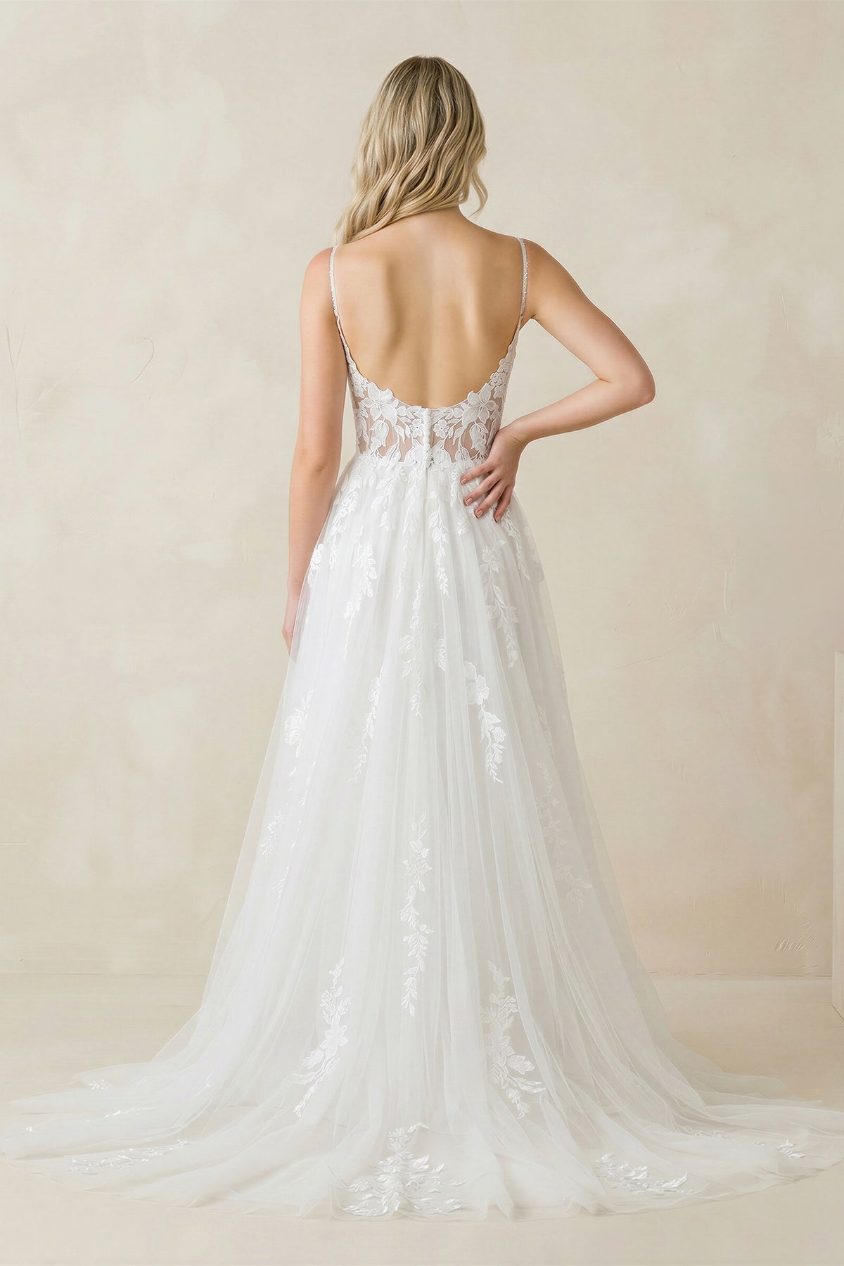 Spaghetti Straps Tulle Appliqued Corset Wedding Dress in White