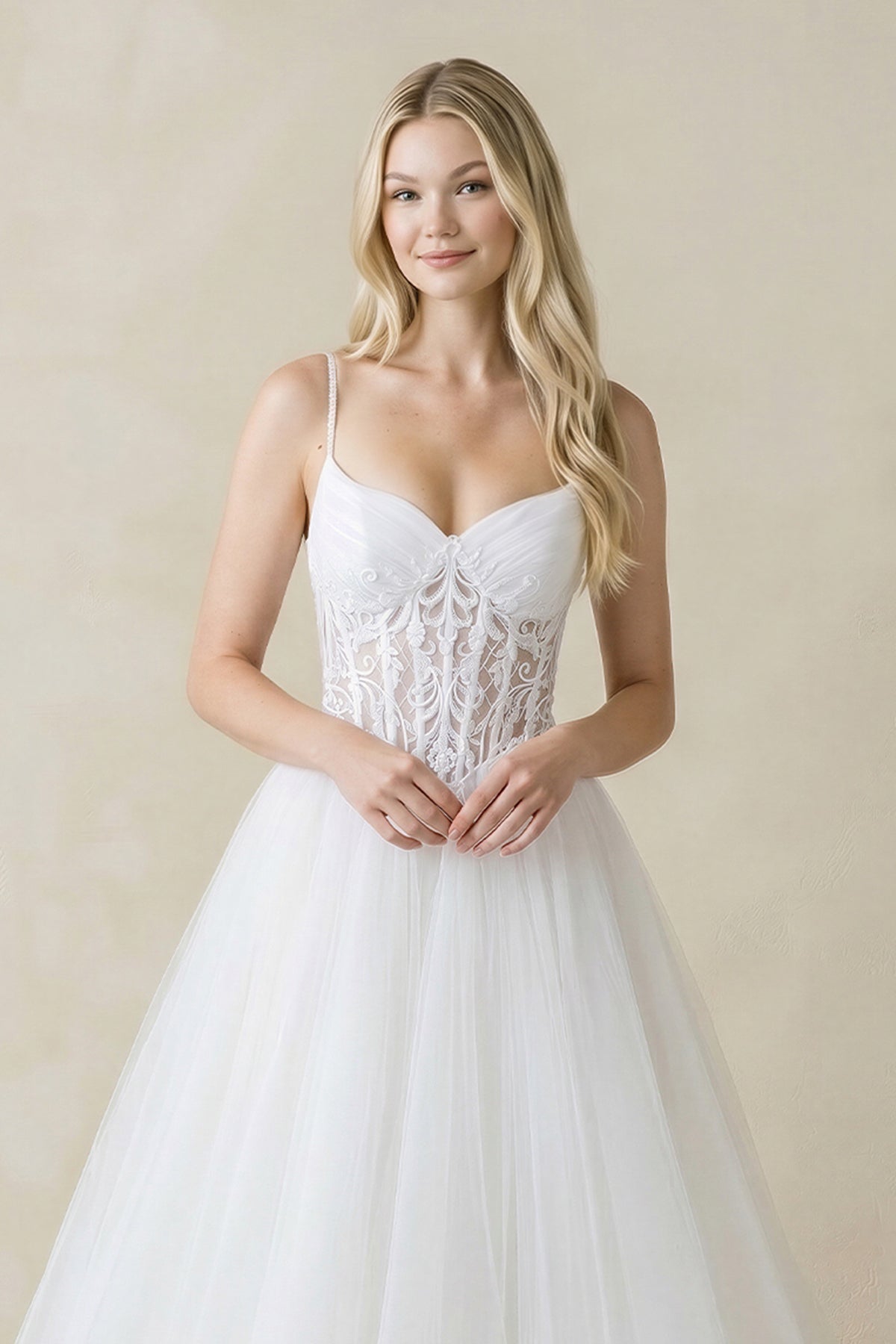Spaghetti Straps Tulle Ball-Gown Corset Wedding Dress in White