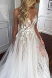 Spaghetti Straps V-Neck Lace Appliques A-line Tulle Rustic Wedding Dress