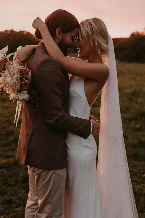 Spaghetti Straps V-neck Simple Beach Wedding Dress