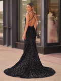 Sparkly Blue Mermaid Sequins Long Backless Prom Dress