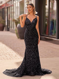 Sparkly Blue Mermaid Sequins Long Backless Prom Dress