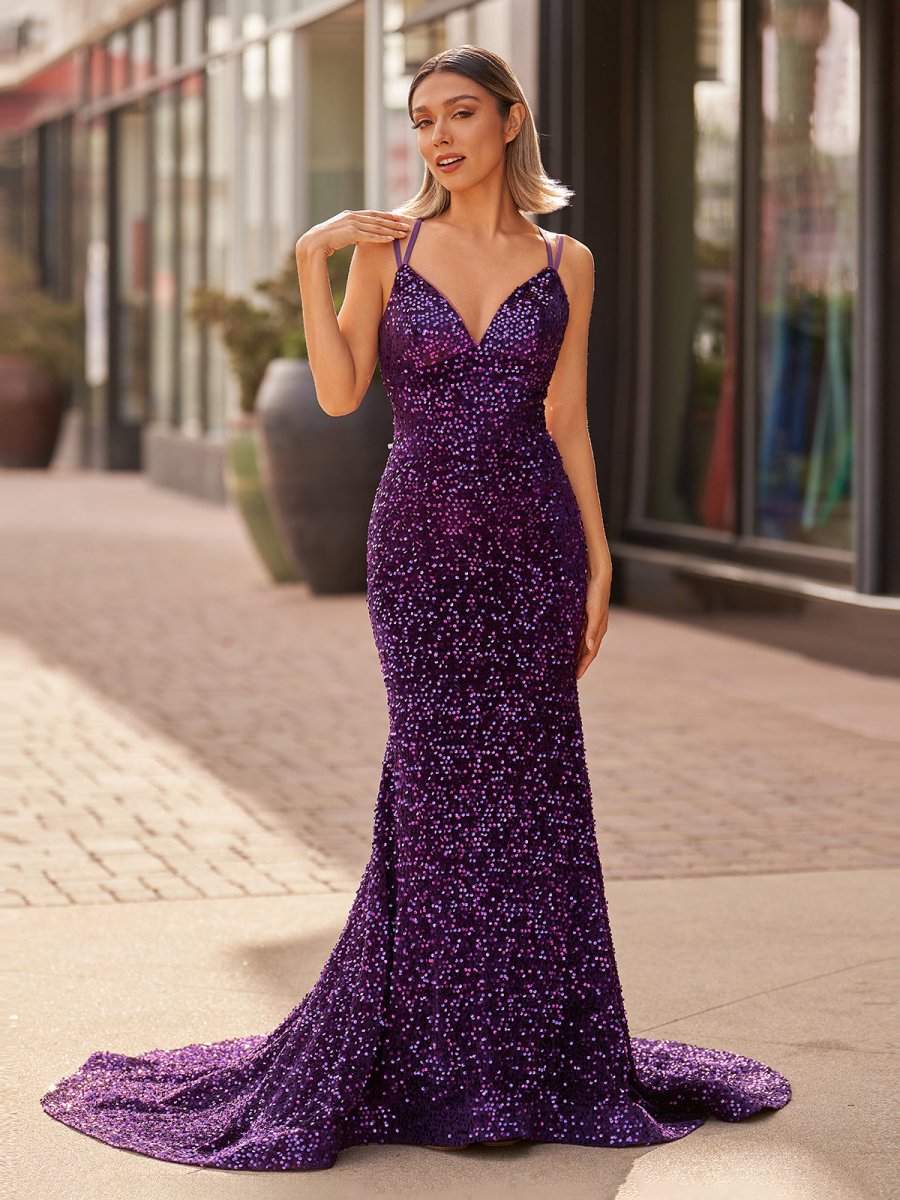 Sparkly Blue Mermaid Sequins Long Backless Prom Dress
