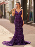 Sparkly Blue Mermaid Sequins Long Backless Prom Dress