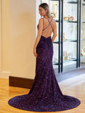 Sparkly Blue Mermaid Sequins Long Backless Prom Dress