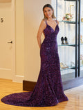 Sparkly Blue Mermaid Sequins Long Backless Prom Dress