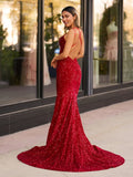 Sparkly Blue Mermaid Sequins Long Backless Prom Dress