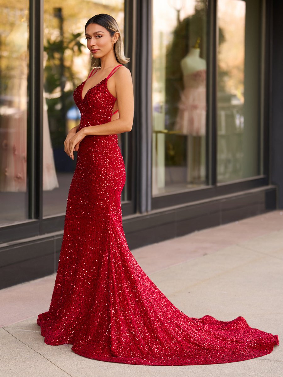 Sparkly Blue Mermaid Sequins Long Backless Prom Dress