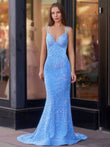 Sparkly Blue Mermaid Sequins Long Backless Prom Dress