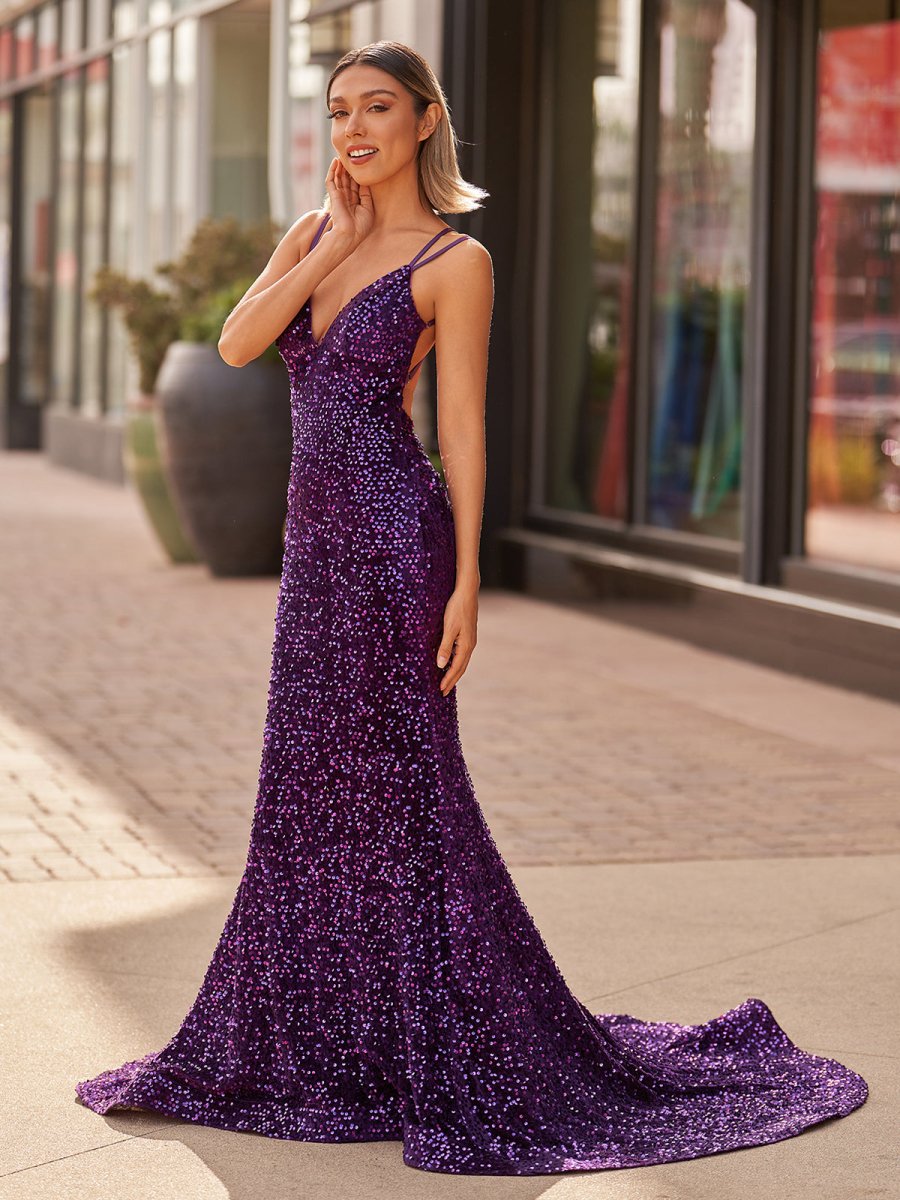 Sparkly Blue Mermaid Sequins Long Backless Prom Dress