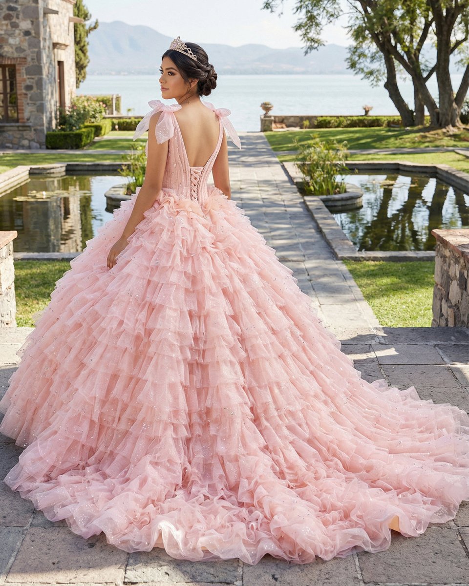 Pink Layered Ruffle Ball Gown Quinceanera Dress With Cascading Ruffles