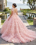 Pink Layered Ruffle Ball Gown Quinceanera Dress With Cascading Ruffles