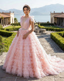 Pink Layered Ruffle Ball Gown Quinceanera Dress With Cascading Ruffles