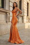 Sparkly Orange Sequins Mermaid Long Prom Dress