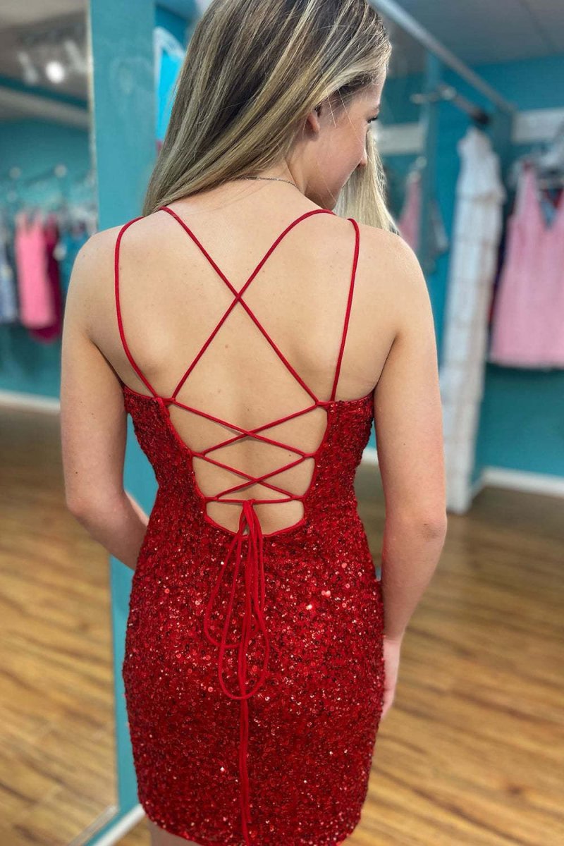 Sparkly Golden Bodycon Spagehetti Straps Sequins Lace-up Back Mini Party Dresses