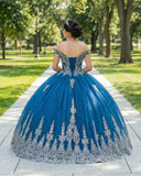 Sparkly Teal Blue Off-the-Shoulder Lace Up Back Quinceanera Dress
