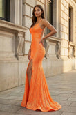 Sparkly Orange Sequins Mermaid Long Prom Dress