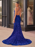Sparkly Blue Mermaid Sequins Long Backless Prom Dress