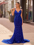 Sparkly Blue Mermaid Sequins Long Backless Prom Dress