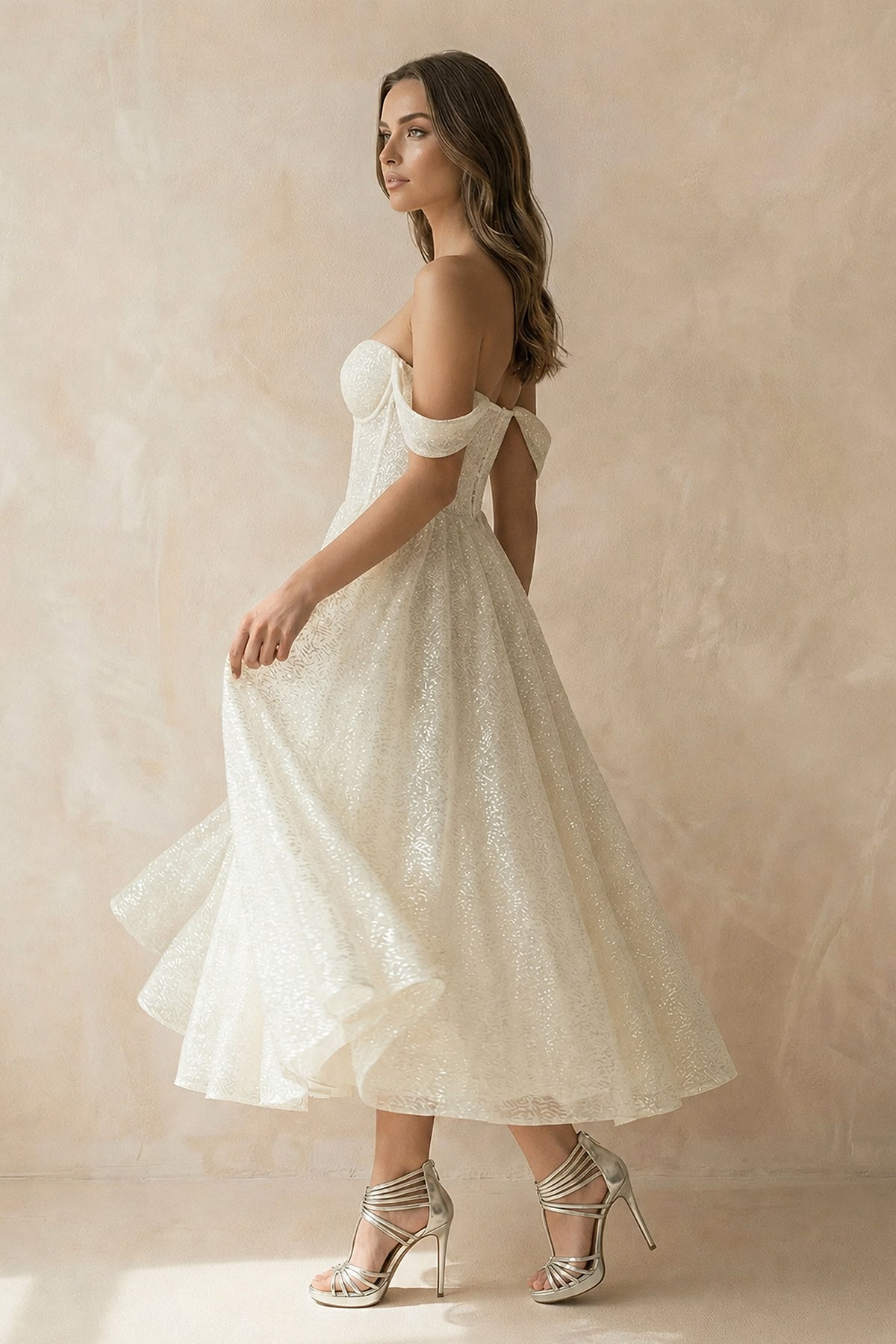 A-Line Sparkly Sequined Tea-Length Wedding Dresses