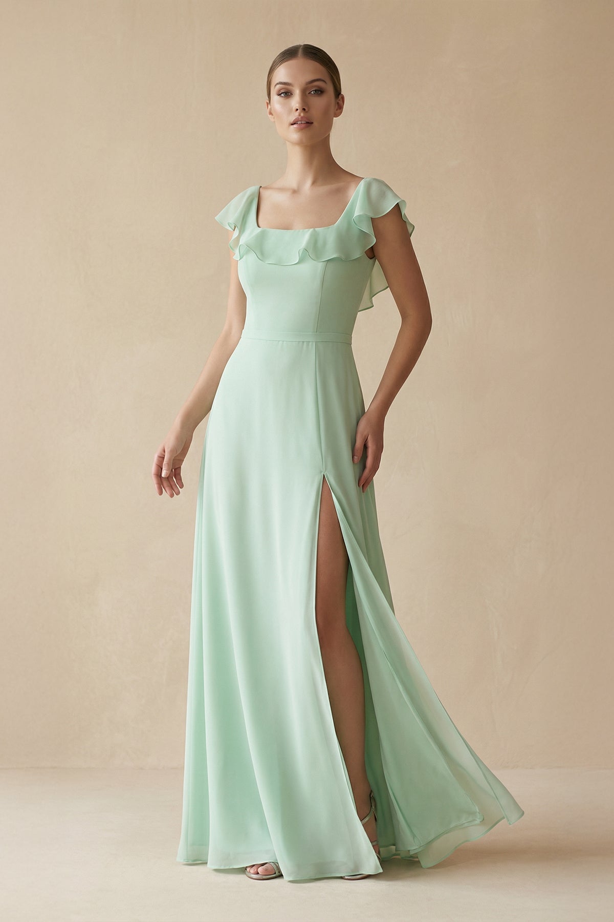 Square Neck A-Line Bridesmaid Dress with Ruffles in Pale Pistachio