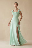 Square Neck A-Line Bridesmaid Dress with Ruffles in Pale Pistachio