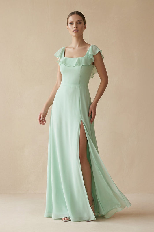 Square Neck A-Line Bridesmaid Dress with Ruffles in Pale Pistachio