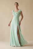 Square Neck A-Line Bridesmaid Dress with Ruffles in Pale Pistachio