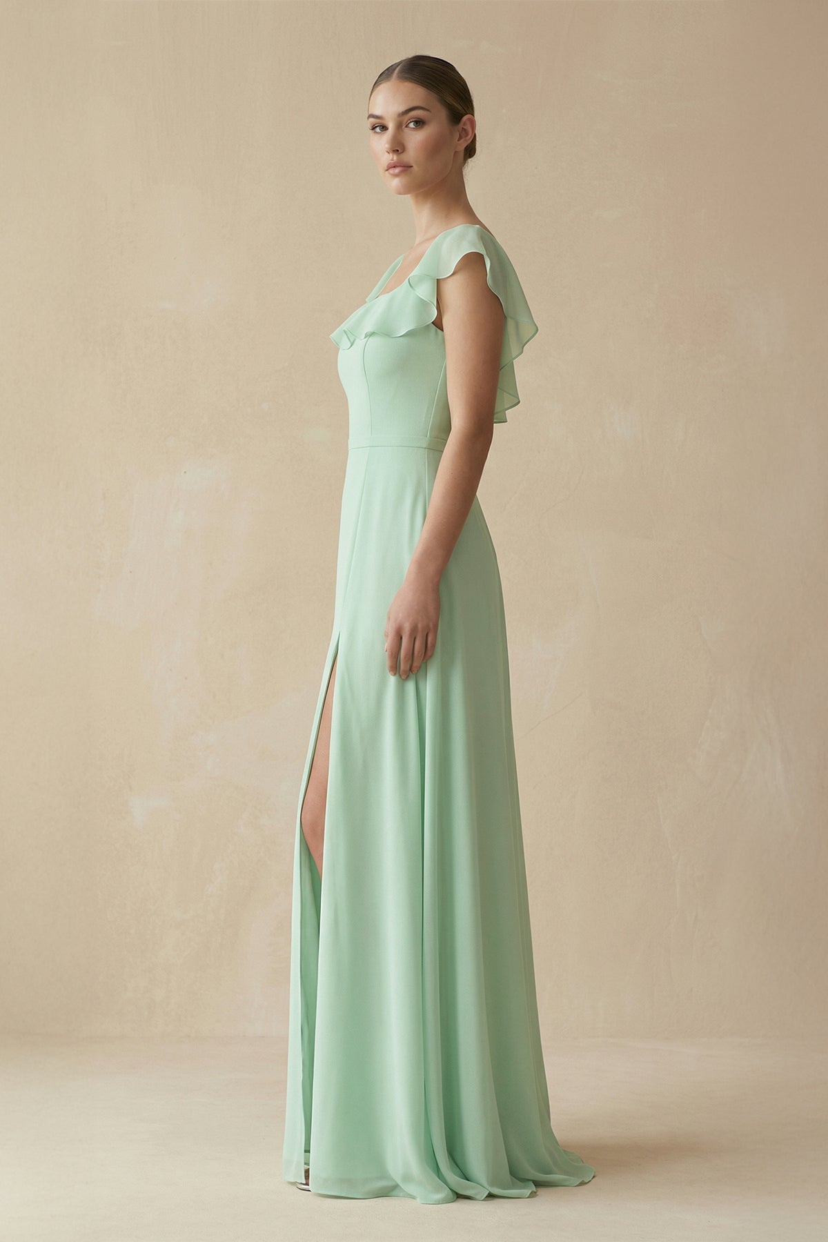 Square Neck A-Line Bridesmaid Dress with Ruffles in Pale Pistachio