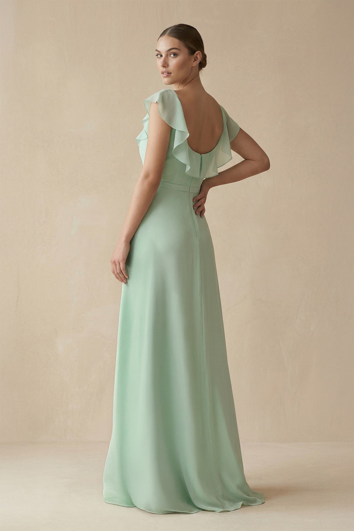 Square Neck A-Line Bridesmaid Dress with Ruffles in Pale Pistachio