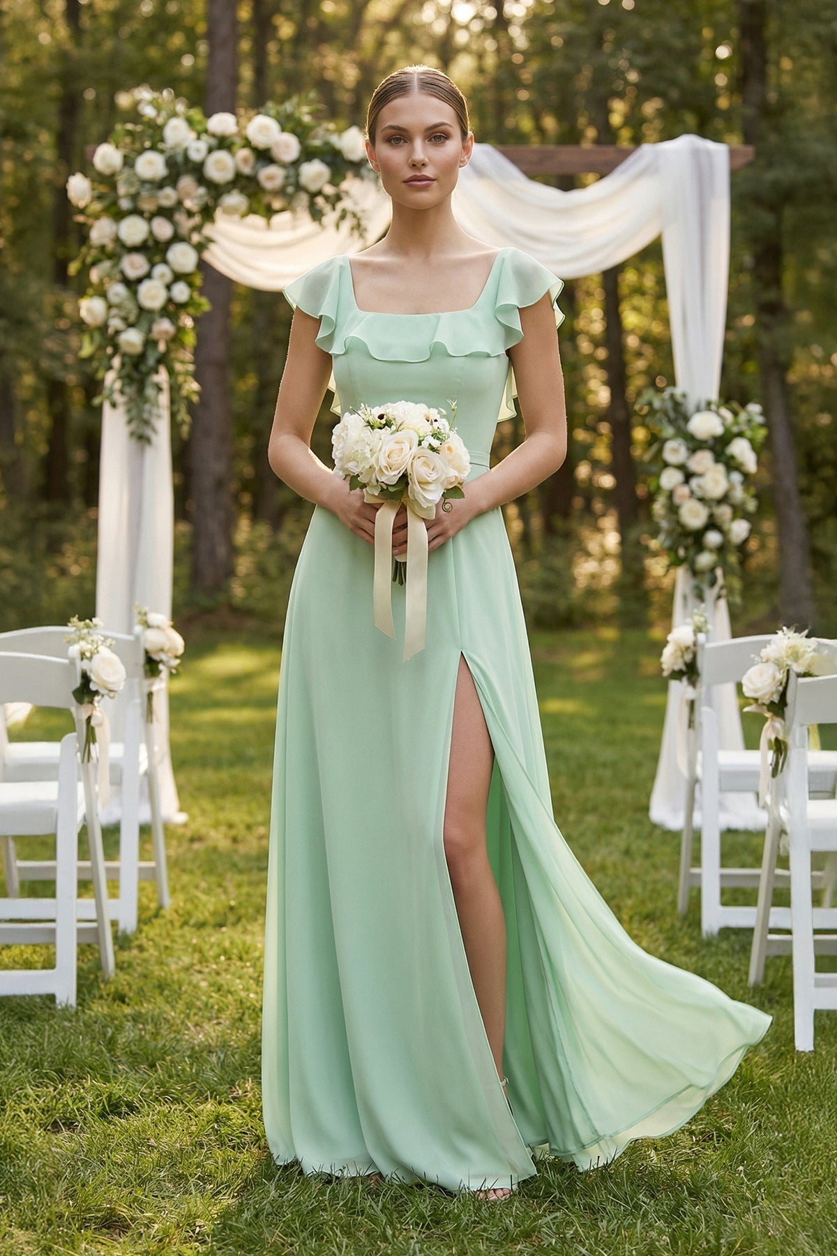 Square Neck A-Line Bridesmaid Dress with Ruffles in Pale Pistachio