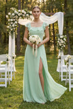 Square Neck A-Line Bridesmaid Dress with Ruffles in Pale Pistachio