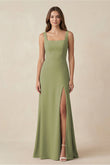 Square Neck A-Line Bridesmaid Dress With Slit in Moss Green