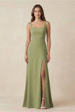 Square Neck A-Line Bridesmaid Dress With Slit in Moss Green